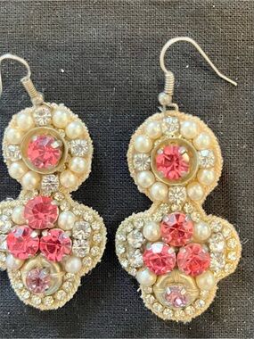 Gold-Tone Pink Crystal Pearl Drop Earrings